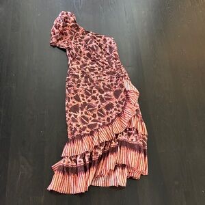Ulla Johnson One-Shoulder Dress in Pinks and Marrons